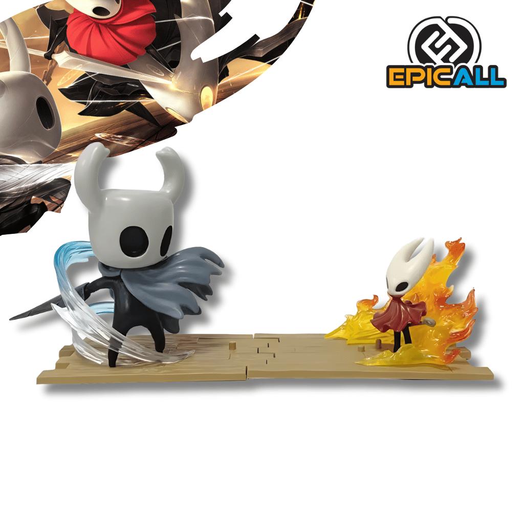 Una figura de estatua que representa una escena de duelo del videojuego Hollow Knight. En el lado izquierdo está el Caballero (The Knight), un personaje gris y negro con cuernos, atacando con efectos de energía azul claro. A la derecha está Hornet, un personaje más pequeño en traje rojo, rodeada de efectos de fuego y llamas anaranjadas.