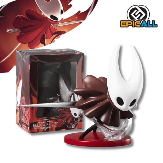 Una figura de estatua de Hornet del videojuego Hollow Knight, de unos 11.5 cm. El personaje tiene una máscara blanca con cuernos, un cuerpo pequeño de color marrón oscuro (o rojo), y sostiene una aguja delgada. La figura está montada sobre una pequeña base roja con un efecto de ataque translúcido que simula movimiento.