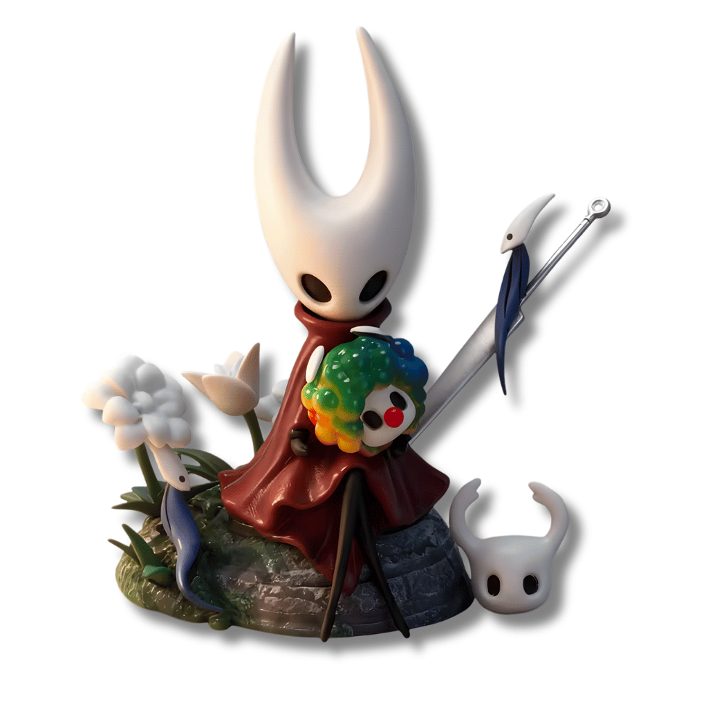 Una figura de estatua de Hornet del videojuego Hollow Knight, de unos 10 cm. El personaje tiene una máscara blanca con cuernos largos y viste una capa roja. Está de pie sobre un diorama con rocas, flores blancas, un personaje pequeño con máscara de payaso y una aguja plateada al lado.