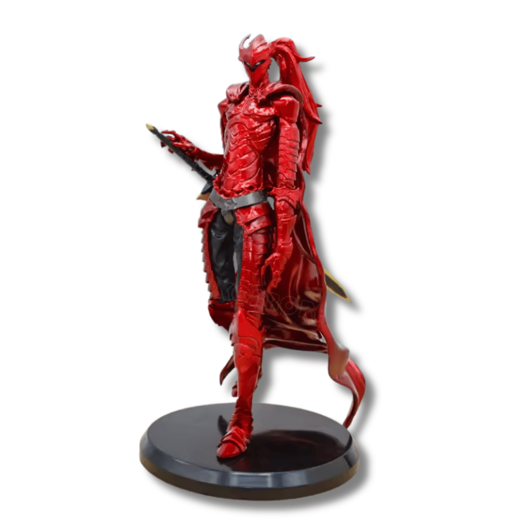 Una figura de estatua de Igris, el caballero de armadura del manhwa Solo Leveling, de unos 22 cm. El personaje lleva una armadura completa de color rojo brillante con una capa, y una espada en la mano. Está de pie sobre una base circular de color negro.