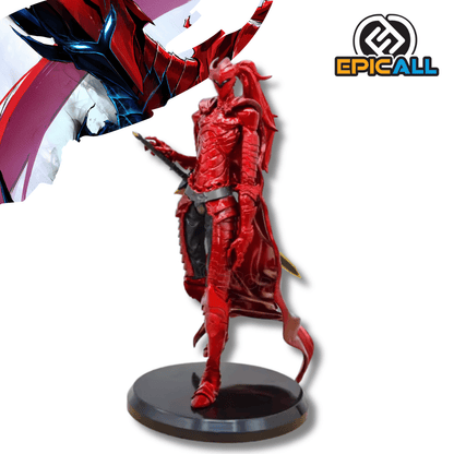 Una figura de estatua de Igris, el caballero de armadura del manhwa Solo Leveling, de unos 22 cm. El personaje lleva una armadura completa de color rojo brillante con una capa, y una espada en la mano. Está de pie sobre una base circular de color negro.