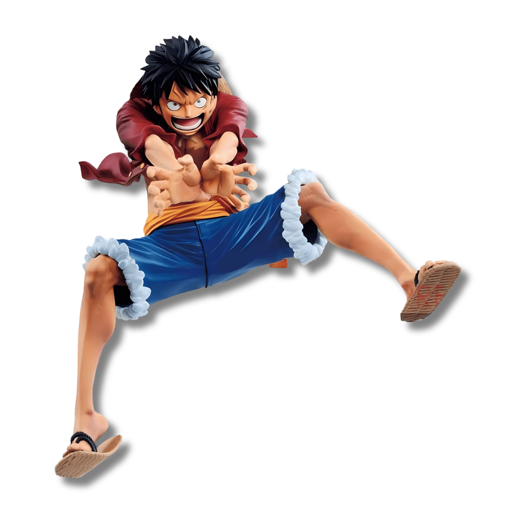 Estatua de Monkey D. Luffy de One Piece en una pose de ataque dinámica con los brazos extendidos hacia adelante. Viste su camisa roja desabrochada y pantalones cortos de jean azules con bordes de vellón blanco.