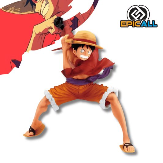 Estatua de Monkey D. Luffy de One Piece en una pose de ataque dinámica, con ambos brazos extendidos hacia adelante, vistiendo su camisa roja desabrochada y pantalones cortos de jean azules.