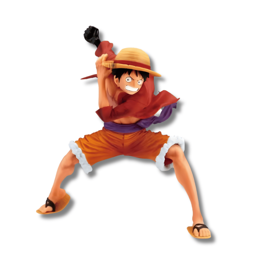Estatua de Monkey D. Luffy de One Piece en una pose de ataque dinámica, con ambos brazos extendidos hacia adelante, vistiendo su camisa roja desabrochada y pantalones cortos de jean azules.