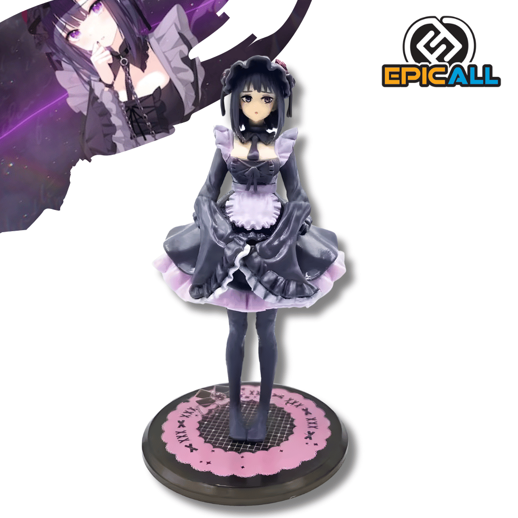 Una figura de estatua de Marin Kitagawa del anime My Dress-Up Darling, de unos 19 cm de altura. La figura viste un traje de maid de color negro y morado pálido con un delantal blanco, un tocado en la cabeza y lleva medias. Está de pie sobre una base circular de color negro y rosa con patrones.