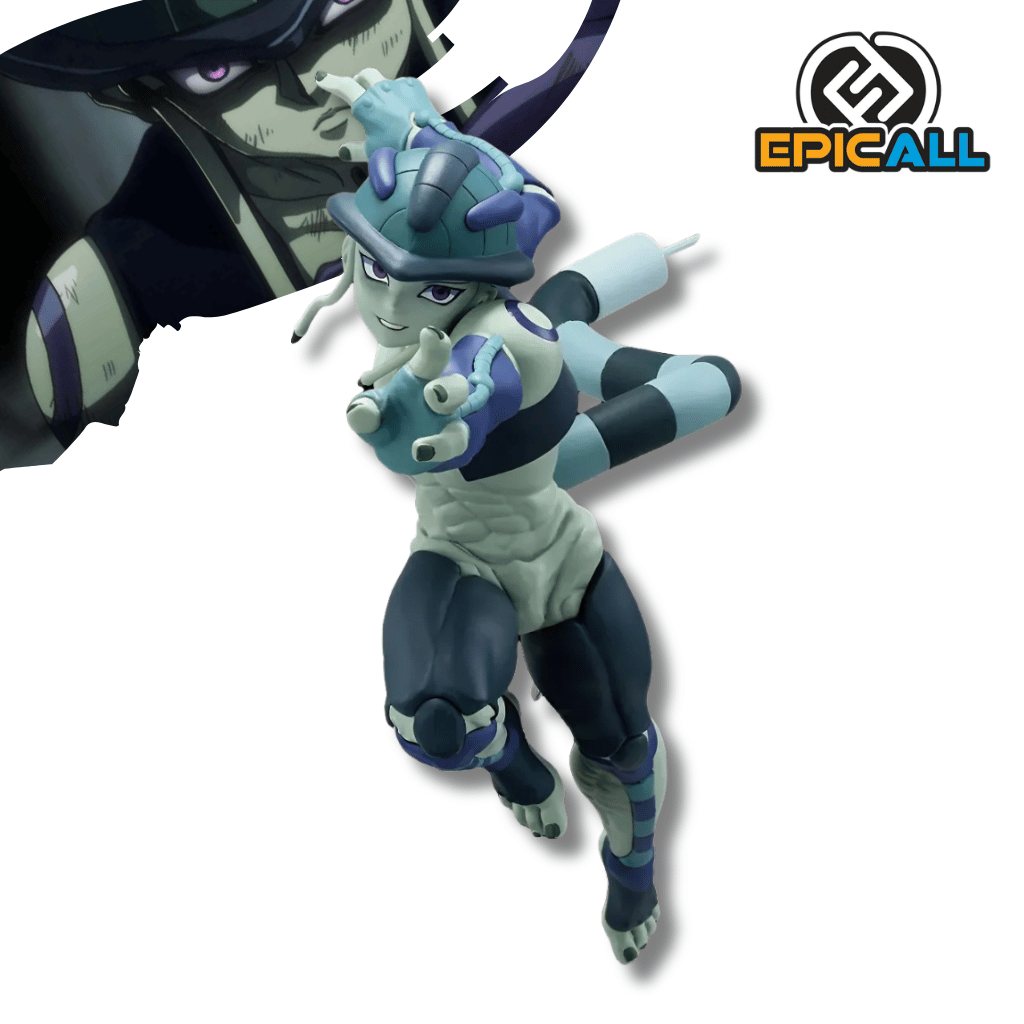 Estatua de Meruem de Hunter x Hunter en una pose de ataque dinámica, con la mano derecha extendida hacia adelante, mostrando su característica piel segmentada verde y morada y su larga cola con aguijón.