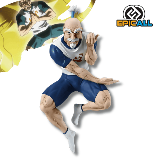 Estatua de Isaac Netero de Hunter x Hunter en una pose de combate de artes marciales, con su uniforme blanco y azul, barba blanca y cabello recogido en un moño.