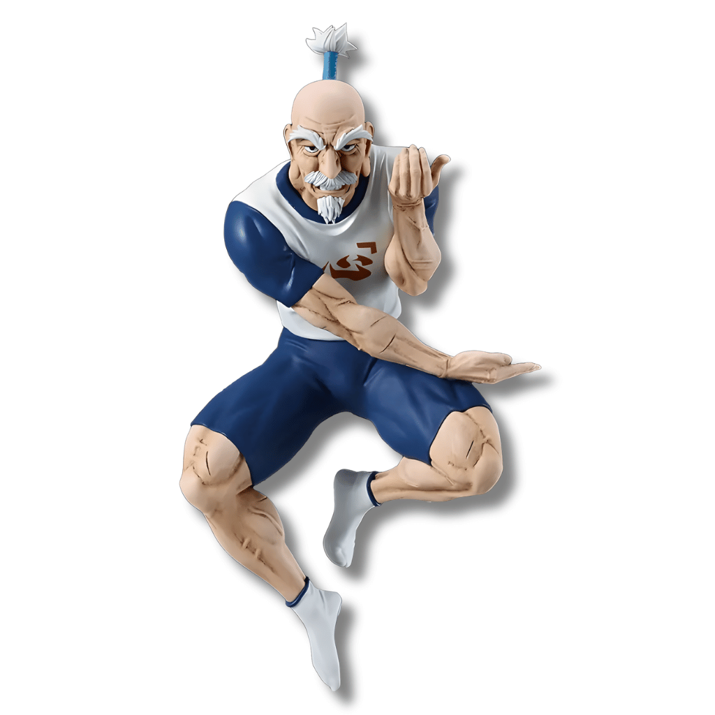 Estatua de Isaac Netero de Hunter x Hunter en una pose de combate de artes marciales, con su uniforme blanco y azul, barba blanca y cabello recogido en un moño.