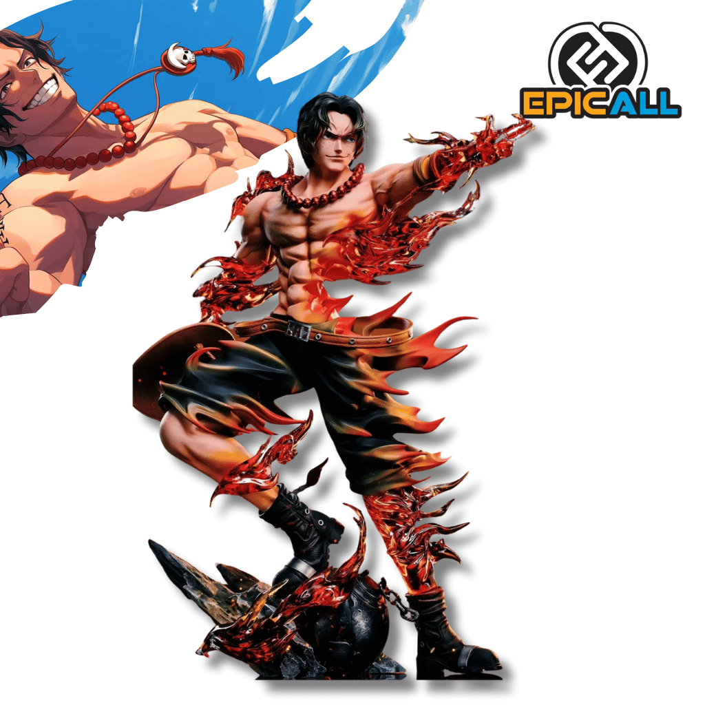 Una figura de estatua de Portgas D. Ace del anime One Piece, de unos 26 cm de altura. El personaje está sin camisa, con pantalones negros y botas, y rodeado de intensos efectos de llamas rojas y naranjas que cubren sus brazos y piernas. Está en una pose de combate sobre una base rocosa y oscura.