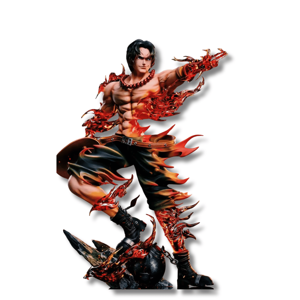 Una figura de estatua de Portgas D. Ace del anime One Piece, de unos 26 cm de altura. El personaje está sin camisa, con pantalones negros y botas, y rodeado de intensos efectos de llamas rojas y naranjas que cubren sus brazos y piernas. Está en una pose de combate sobre una base rocosa y oscura.