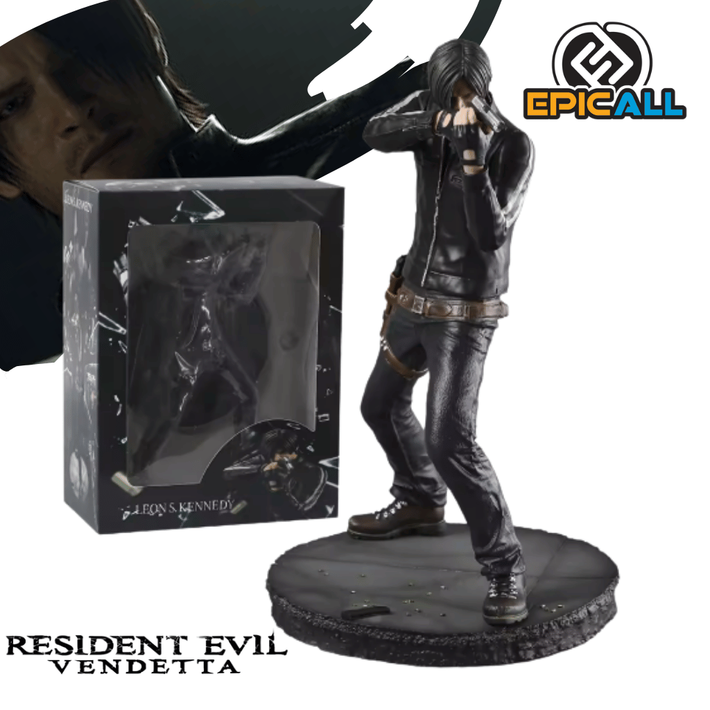 Figura coleccionable de PVC de 28 cm de altura de Leon S. Kennedy de Resident Evil Vendetta, vistiendo chaqueta de cuero negra, guantes tácticos y funda de arma al cinto, apuntando con una pistola plateada en pose de combate sobre una base circular que simula suelo urbano.