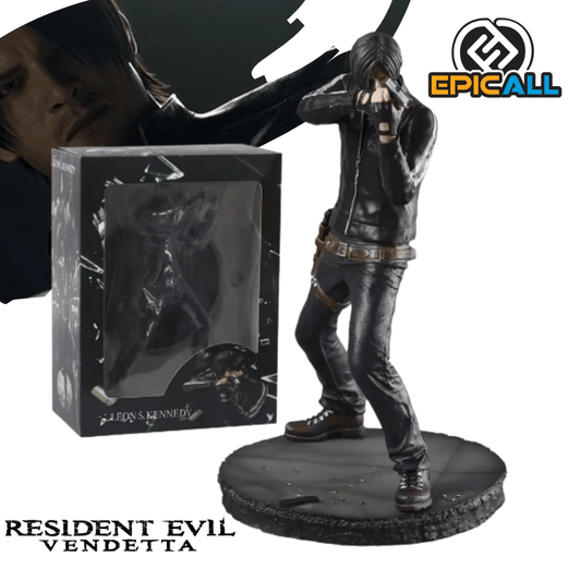 Figura coleccionable de PVC de 28 cm de altura de Leon S. Kennedy de Resident Evil Vendetta, vistiendo chaqueta de cuero negra, guantes tácticos y funda de arma al cinto, apuntando con una pistola plateada en pose de combate sobre una base circular que simula suelo urbano.
