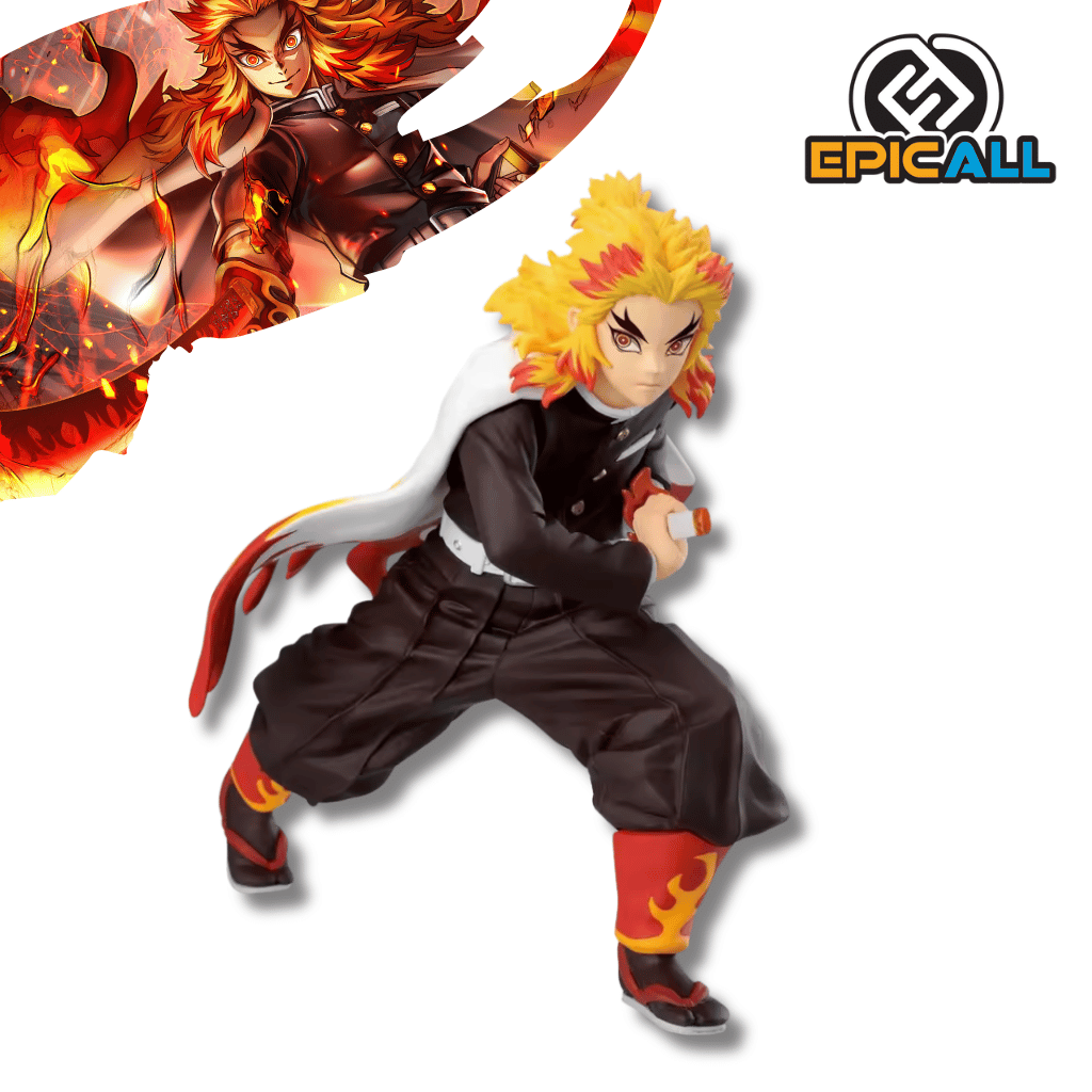 Figura de colección de Kyojuro Rengoku del anime Demon Slayer en una pose de combate dinámica. El personaje tiene cabello rubio con puntas rojas y ojos grandes de color naranja y rojo. Viste un uniforme marrón oscuro con cinturón blanco y una capa blanca con dibujos de llamas en la parte inferior que ondea hacia atrás. Sus manos están posicionadas como si fuera a sujetar su katana, y lleva calcetines tradicionales con patrones de fuego.