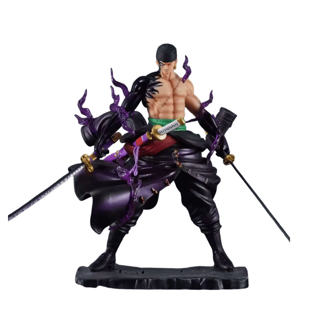 Una figura de estatua del personaje Roronoa Zoro de One Piece, de unos 25 cm de altura, en una pose de combate. Viste un atuendo oscuro, tiene su torso al descubierto con cicatrices, y empuña dos espadas. Su brazo derecho y parte del torso están rodeados por efectos de aura púrpura o negra.