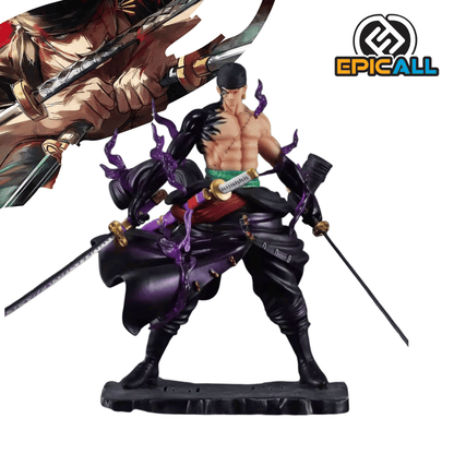 Una figura de estatua del personaje Roronoa Zoro de One Piece, de unos 25 cm de altura, en una pose de combate. Viste un atuendo oscuro, tiene su torso al descubierto con cicatrices, y empuña dos espadas. Su brazo derecho y parte del torso están rodeados por efectos de aura púrpura o negra.