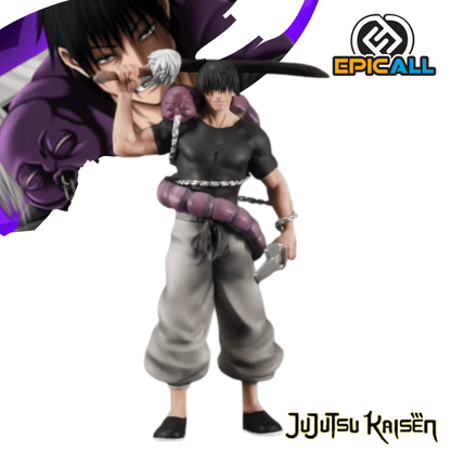 Figura coleccionable de PVC de 21 cm de altura de Toji Fushiguro de Jujutsu Kaisen, posando de pie con katana gigante sobre el hombro, espíritu maldito de inventario enrollado en el torso, polera negra ajustada y pantalones holgados grises.
