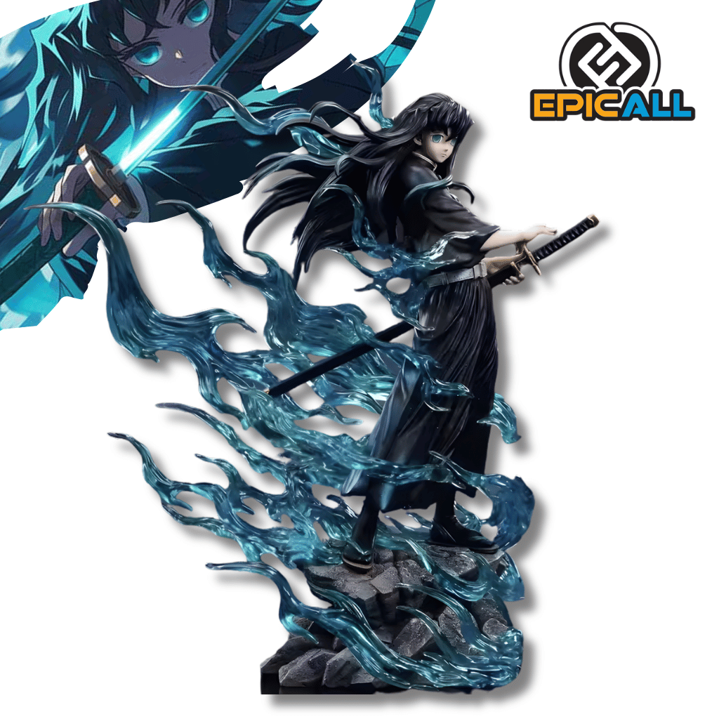 Estatua de Tokito Muichiro de Demon Slayer sobre una base de rocas, rodeado por grandes efectos de niebla azul translúcida y sosteniendo su katana nichirin.