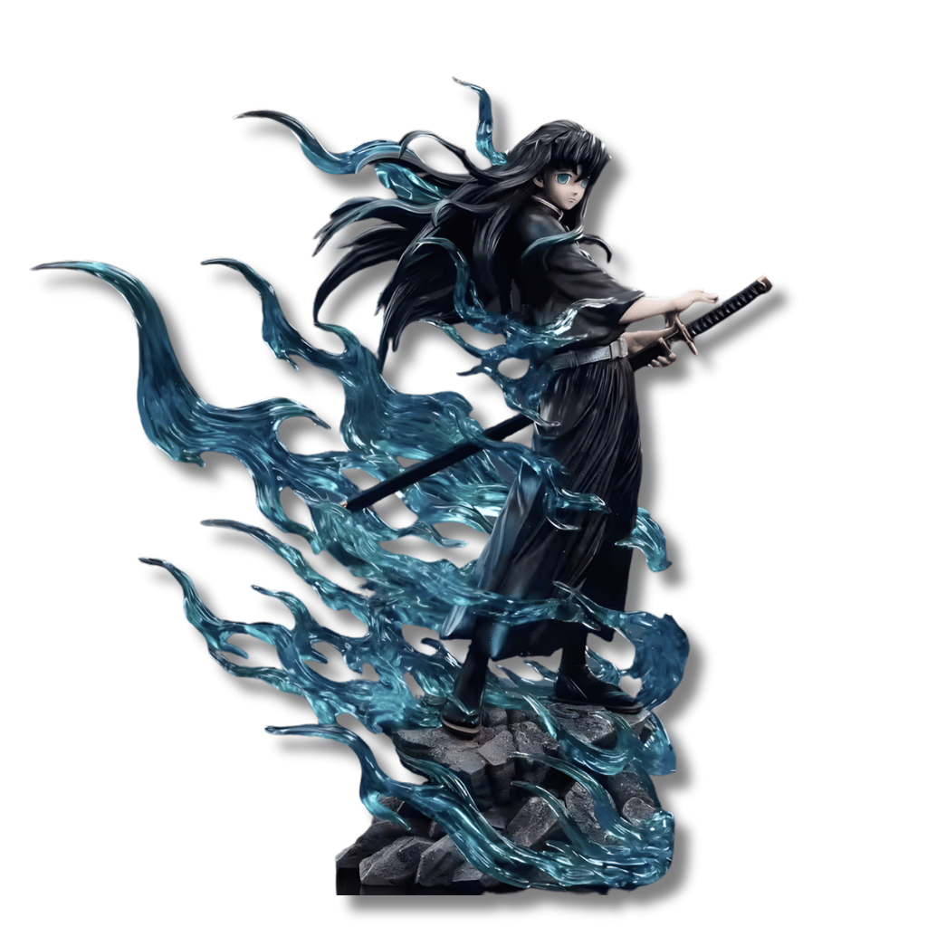 Estatua de Tokito Muichiro de Demon Slayer sobre una base de rocas, rodeado por grandes efectos de niebla azul translúcida y sosteniendo su katana nichirin.