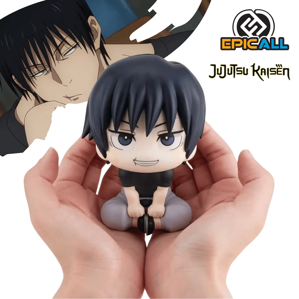 Figura coleccionable en pose Lookup de 12 cm de altura de Toji Fushiguro de Jujutsu Kaisen, sentado con las piernas cruzadas y brazos al frente, luciendo cabello negro, pequeña cicatriz en el labio, sonrisa ladina, polera ajustada negra y pantalones holgados grises.