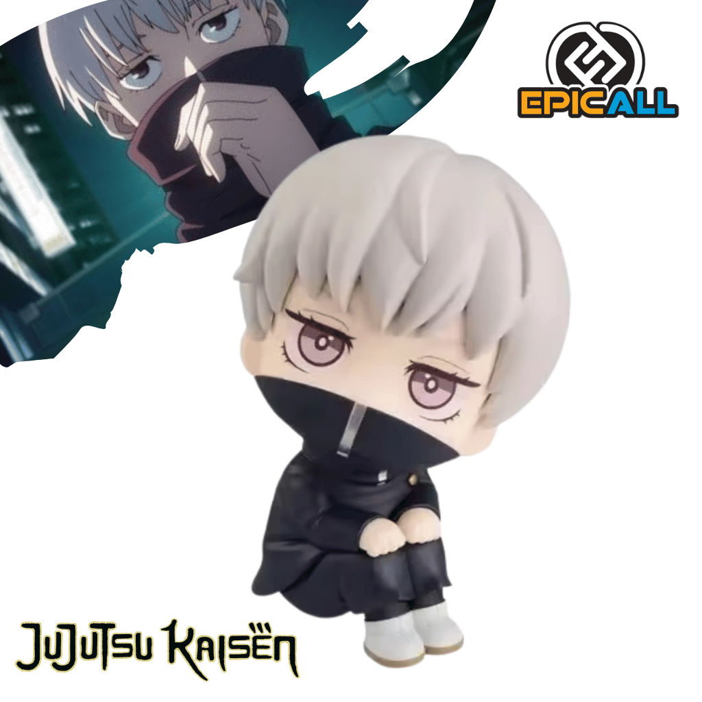 Figura coleccionable en pose LookUp de 12 cm de altura de Toge Inumaki de Jujutsu Kaisen, sentado con las manos sobre las rodillas, luciendo cabello corto platinado, uniforme oscuro con cuello alto levantado que cubre su boca y mirando hacia arriba.