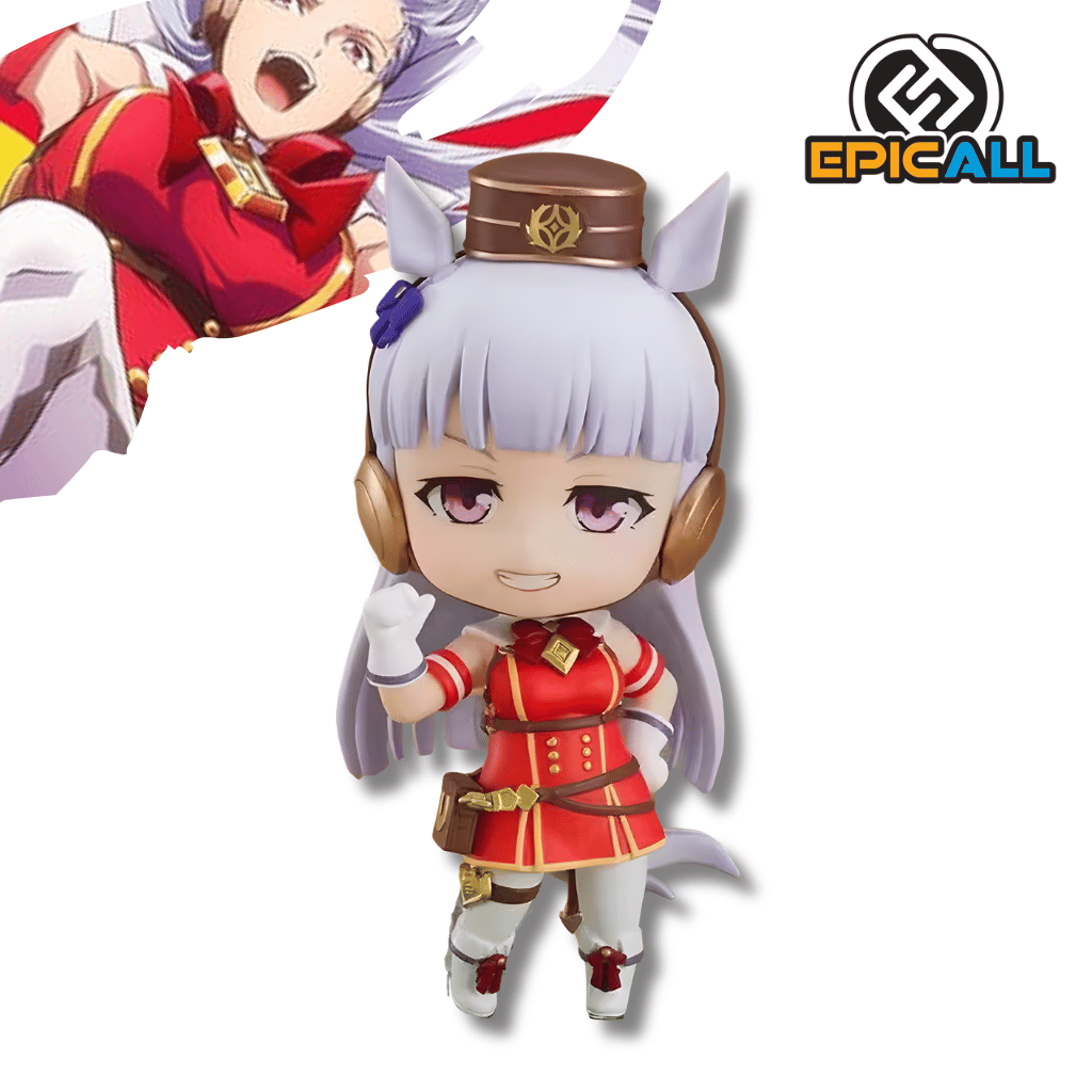 Figura de estilo Nendoroid del personaje Gold Ship de Uma Musume Pretty Derby. Tiene cabello largo gris plateado, orejas de caballo y protectores auditivos dorados bajo una gorra marrón y dorada. Viste un uniforme de carrera rojo con detalles dorados, una pequeña bolsa marrón en la cintura y botas blancas. La figura muestra una sonrisa alegre y levanta su mano derecha en señal de saludo.
