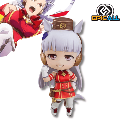 Figura de estilo Nendoroid del personaje Gold Ship de Uma Musume Pretty Derby. Tiene cabello largo gris plateado, orejas de caballo y protectores auditivos dorados bajo una gorra marrón y dorada. Viste un uniforme de carrera rojo con detalles dorados, una pequeña bolsa marrón en la cintura y botas blancas. La figura muestra una sonrisa alegre y levanta su mano derecha en señal de saludo.