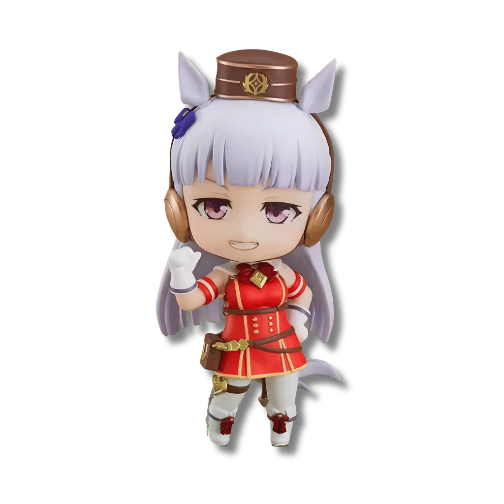 Figura de estilo Nendoroid del personaje Gold Ship de Uma Musume Pretty Derby. Tiene cabello largo gris plateado, orejas de caballo y protectores auditivos dorados bajo una gorra marrón y dorada. Viste un uniforme de carrera rojo con detalles dorados, una pequeña bolsa marrón en la cintura y botas blancas. La figura muestra una sonrisa alegre y levanta su mano derecha en señal de saludo.