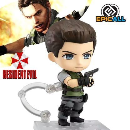 Figura coleccionable articulada tipo Nendoroid de 10 cm de altura de Chris Redfield de Resident Evil, luciendo su chaleco táctico verde de S.T.A.R.S., guantes sin dedos, arnés táctico y sosteniendo una maceta con la icónica hierba roja curativa.