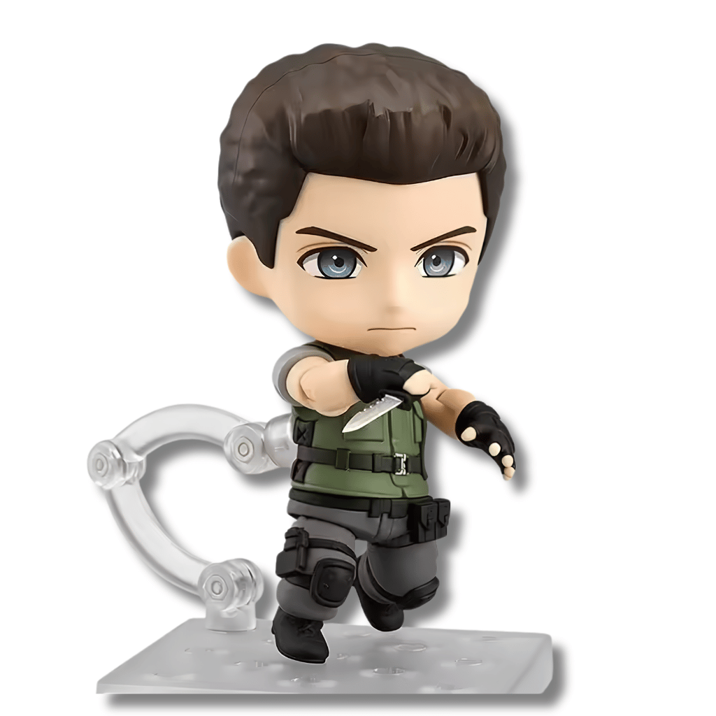 Figura coleccionable articulada tipo Nendoroid de 10 cm de altura de Chris Redfield de Resident Evil, luciendo su chaleco táctico verde de S.T.A.R.S., guantes sin dedos, arnés táctico y sosteniendo una maceta con la icónica hierba roja curativa.