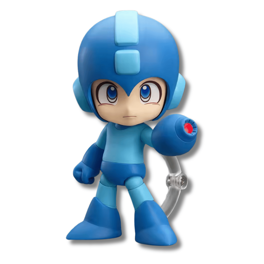 Figura articulada coleccionable tipo Nendoroid de 10 cm de altura de Mega Man (Rockman), luciendo su armadura azul con casco, posando sobre una base transparente junto a piezas intercambiables como rostros expresivos, efectos de disparo, tanque de energía E y Mega Buster.
