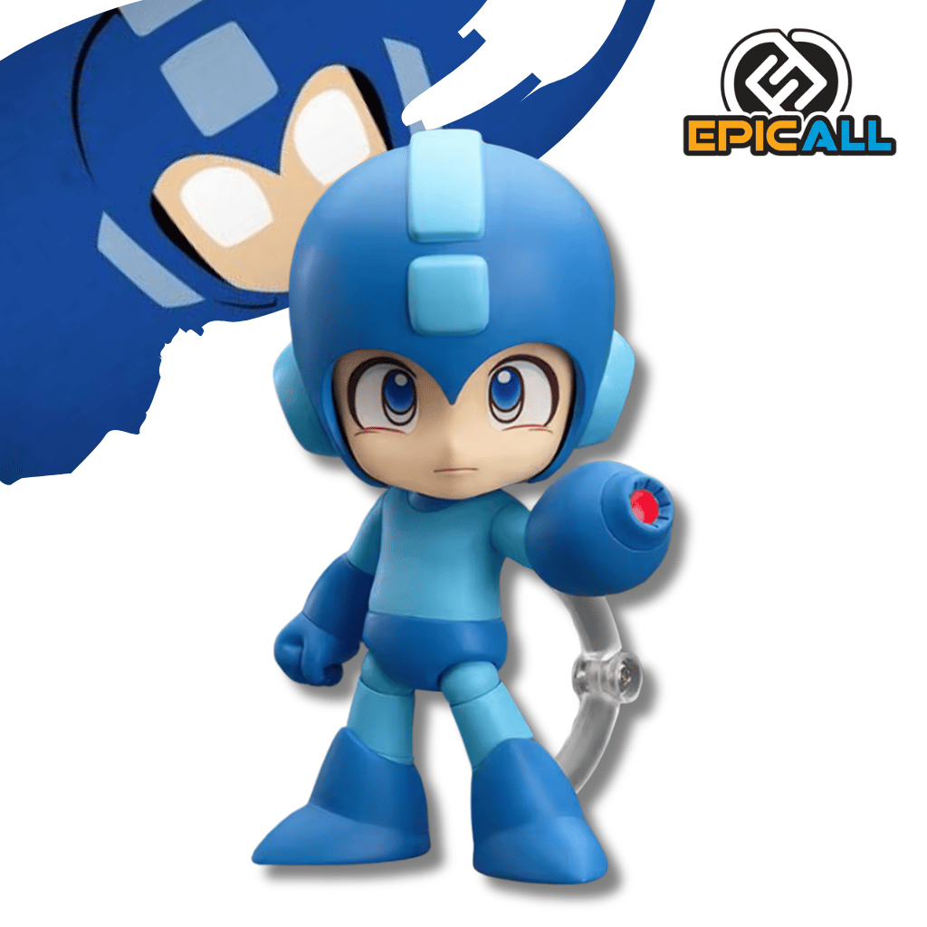 Figura articulada coleccionable tipo Nendoroid de 10 cm de altura de Mega Man (Rockman), luciendo su armadura azul con casco, posando sobre una base transparente junto a piezas intercambiables como rostros expresivos, efectos de disparo, tanque de energía E y Mega Buster.