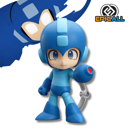 Figura articulada coleccionable tipo Nendoroid de 10 cm de altura de Mega Man (Rockman), luciendo su armadura azul con casco, posando sobre una base transparente junto a piezas intercambiables como rostros expresivos, efectos de disparo, tanque de energía E y Mega Buster.