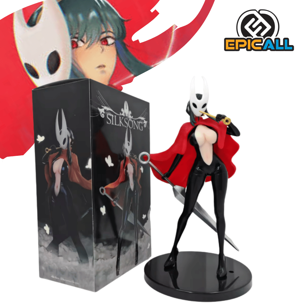 Figura coleccionable de PVC de 23 cm de altura que representa a Yor Forger de Spy x Family vistiendo la capa roja y la máscara blanca de Hornet de Hollow Knight/Silksong, sosteniendo un aguijón y de pie sobre una base circular negra.