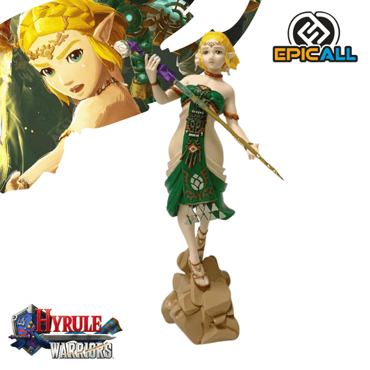 Figura coleccionable de PVC de 20 cm de altura de la Princesa Zelda con atuendo ceremonial de vestiduras verdes y crema con patrones zonnan, sosteniendo una espada estilizada y posando sobre una base temática rocosa.