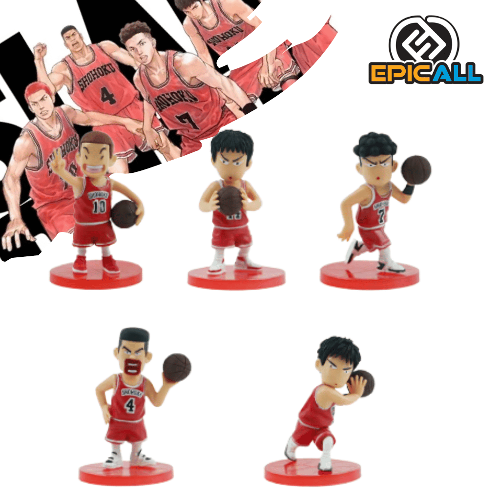 Set de 5 figuras coleccionable tipo gachapon con las alineaciones titulares del equipo Shohoku de Slam Dunk en estilo chibi: Hanamichi Sakuragi (#10), Kaede Rukawa (#11), Ryota Miyagi (#7), Takenori Akagi (#4) y Hisashi Mitsui (#14), vistiendo el uniforme rojo de básquetbol sobre bases circulares rojas.
