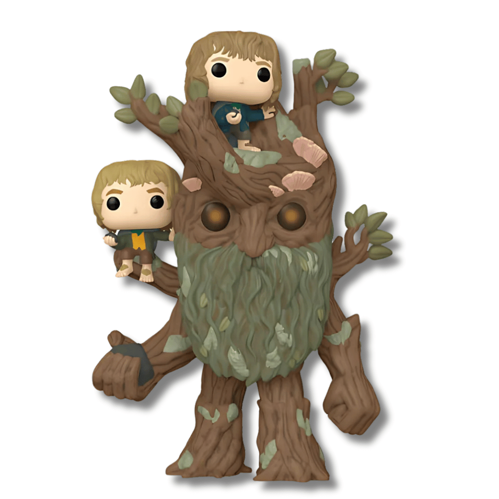 Funko Pop de Treebeard con Merry y Pippin del The Lord of the Rings, con fondo blanco.
