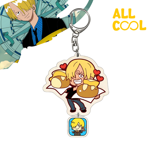 Un llavero acrílico con la forma de Sanji, un personaje del anime One Piece. Sanji está representado como un joven de cabello rubio, sosteniendo dos panes. El llavero tiene un diseño chibi y colores vibrantes.