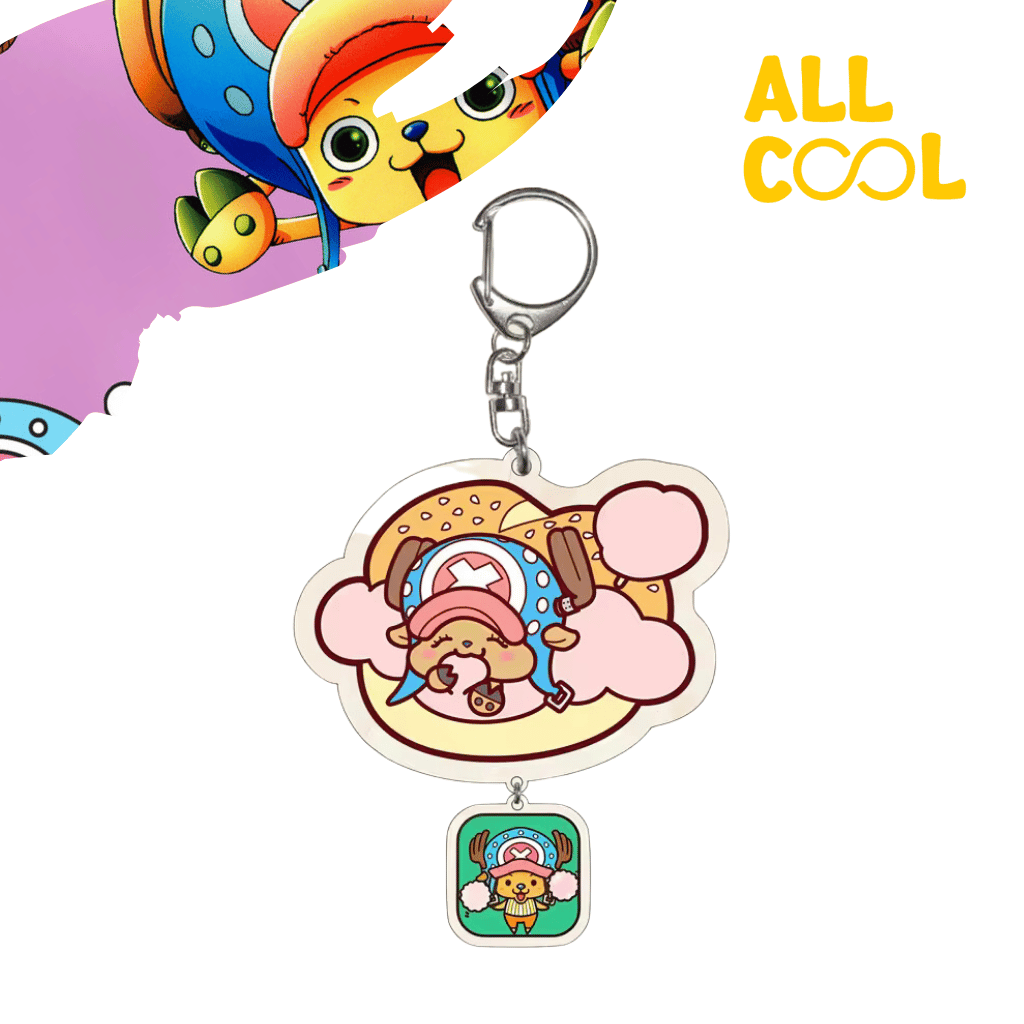 Un llavero acrílico con la forma de Tony Chopper, un personaje del anime One Piece. Tony Chopper está representado como un reno antropomórfico, comiendo una dona y flotando en una nube. El llavero tiene un diseño chibi y colores pastel.
