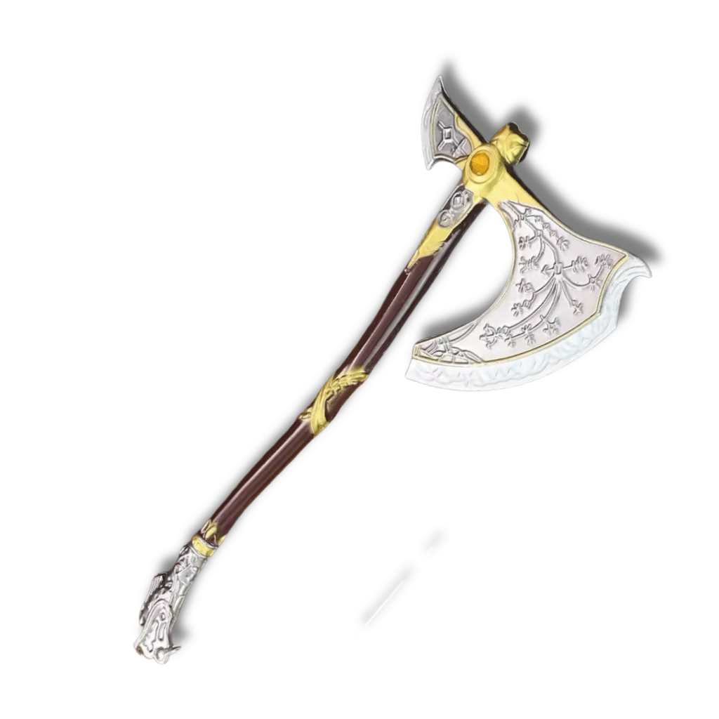 Fotografía de una mini réplica del Hacha de Leviatán del videojuego God of War. Se observa una hoja metálica plateada con intrincados grabados rúnicos y un mango que imita la madera tallada con envolturas de cuero simuladas. El diseño refleja el arma utilizada por Kratos en su aventura nórdica.