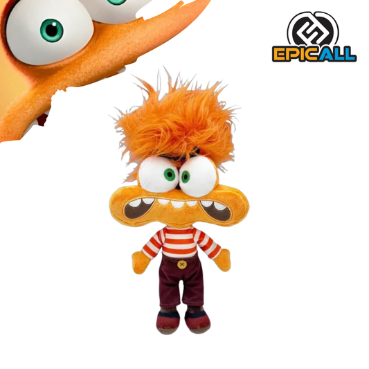 Un peluche naranja de 20 centímetros que representa al personaje de Ansiedad de la película Intensamente 2. Tiene el cabello rojo despeinado, ojos grandes y una expresión facial exagerada. Viste una camiseta a rayas y pantalones marrones.