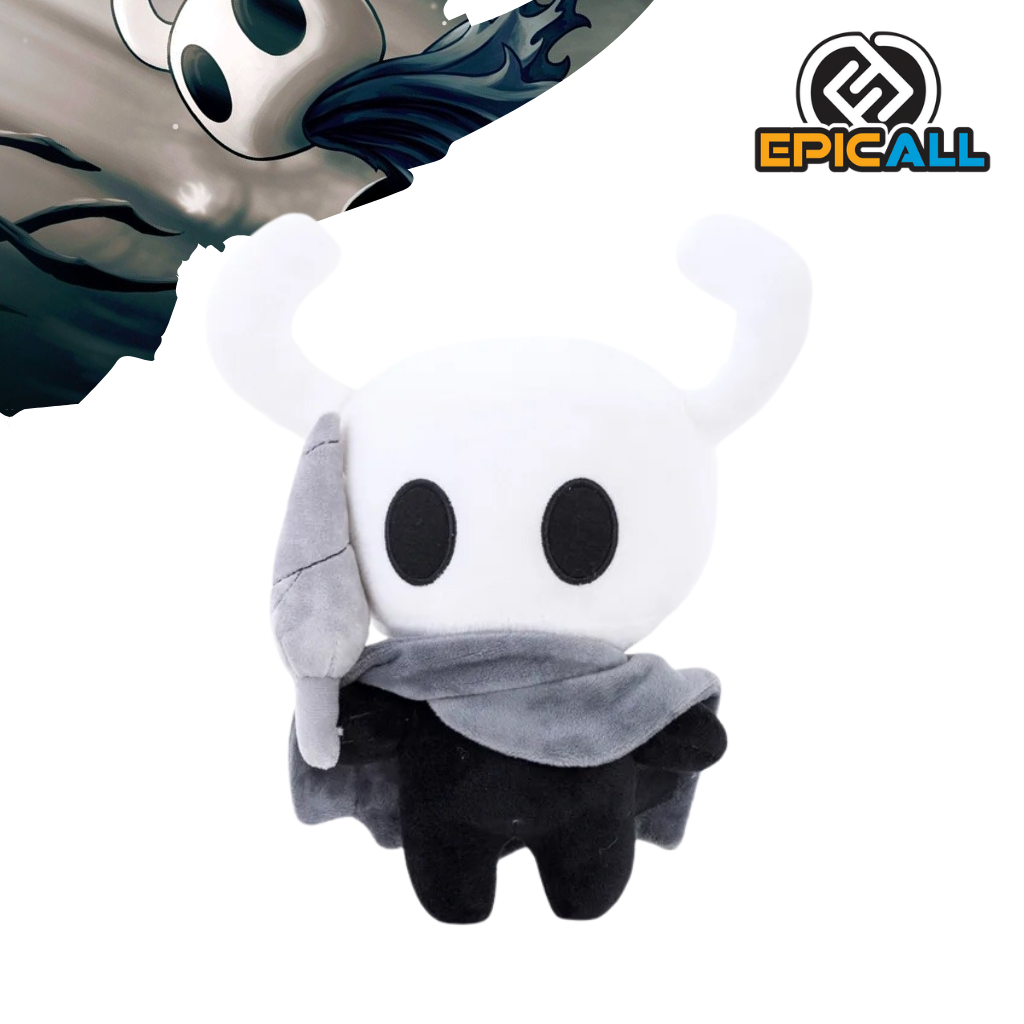 Un peluche del Caballero, el protagonista del videojuego Hollow Knight. El peluche representa al Caballero con su capa negra, su máscara blanca y su aguijón.