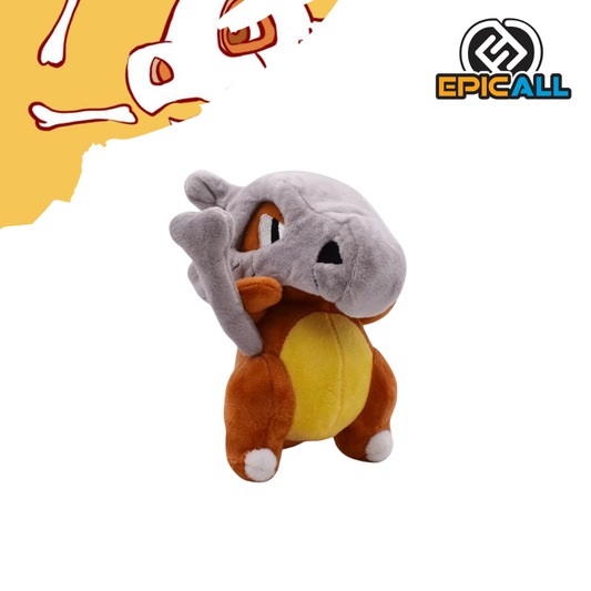 Peluche de Cubone de 16 cm de altura y 11 cm de ancho, con un cuerpo marrón, barriga amarilla y un casco gris de hueso.