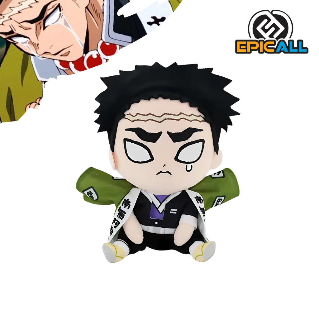 Peluche de Gyomei Himejima de 20 cm, con capa verde y expresión seria, inspirado en el personaje de Demon Slayer.