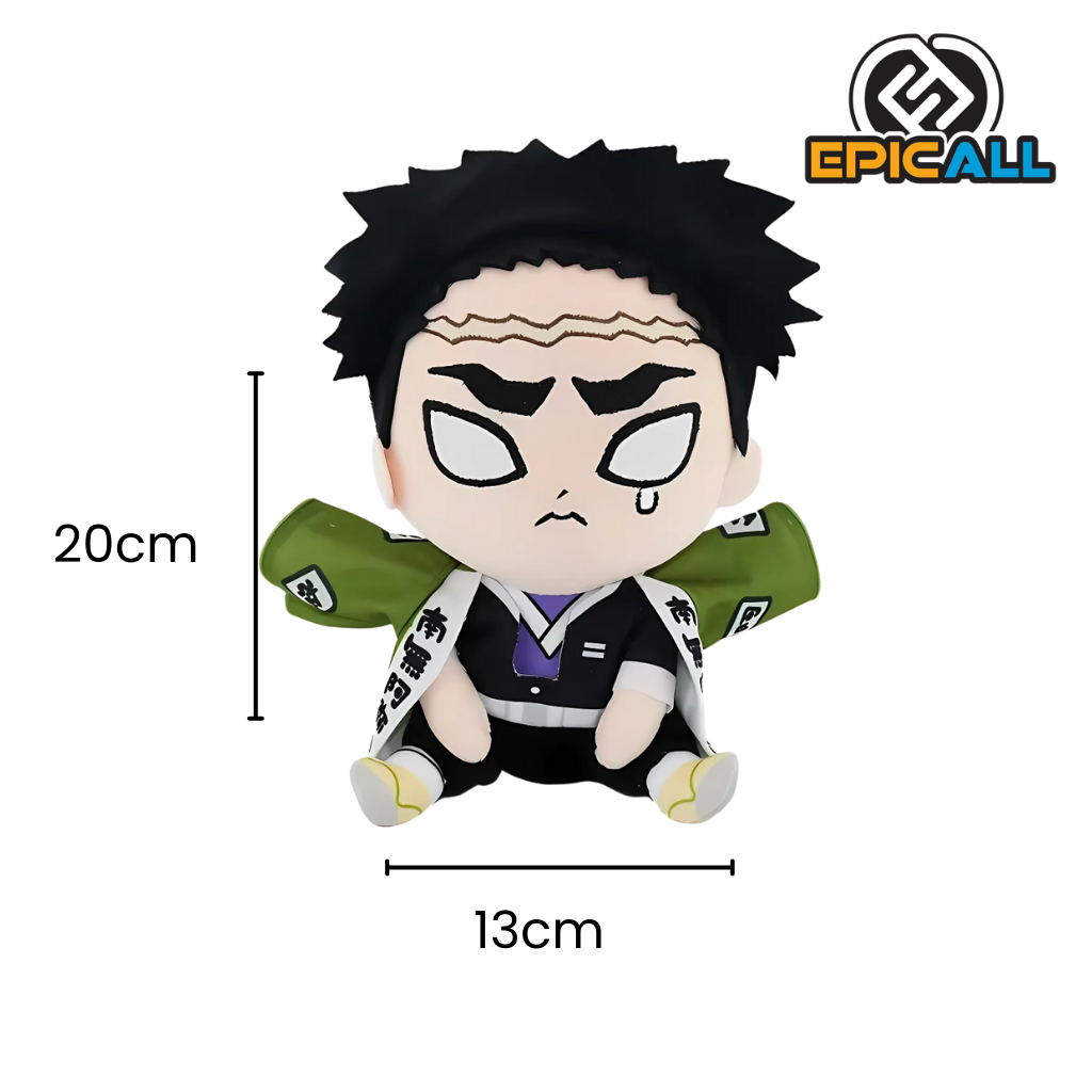 Peluche de Gyomei Himejima de 20 cm, con capa verde y expresión seria, inspirado en el personaje de Demon Slayer.