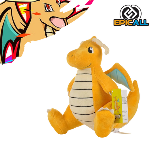 Un peluche de Dragonite, un Pokémon de tipo dragón. Es de color amarillo con detalles naranjas y azules. Tiene alas grandes, una cola larga y una expresión amigable. Sus ojos son grandes y oscuros, y tiene una apariencia fuerte y robusta.