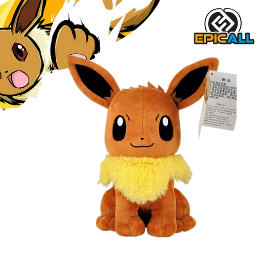 Un peluche de Eevee, un Pokémon de tipo normal. Es de color marrón con detalles amarillos y blancos. Tiene una forma redonda y amigable, con grandes ojos y orejas puntiagudas.