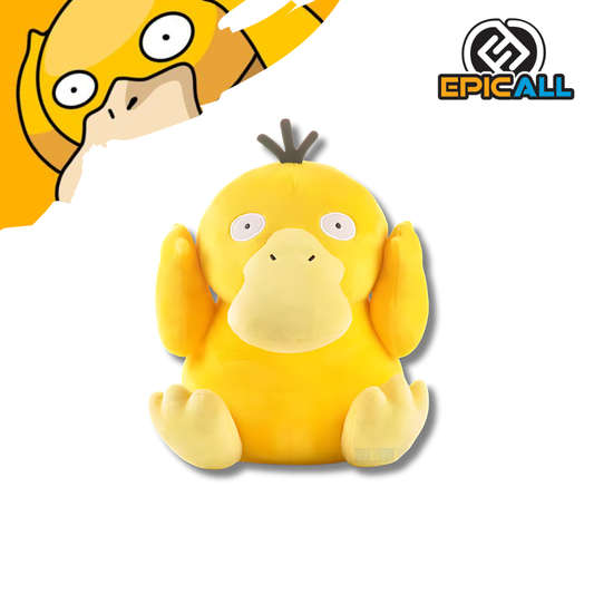 Imagen de un peluche amarillo con forma de pato. El peluche representa a Psyduck, un Pokémon de tipo agua. Tiene los ojos grandes y redondos, un pico anaranjado y una expresión de confusión. Mide aproximadamente 25 centímetros de altura y está sentado sobre un fondo blanco.