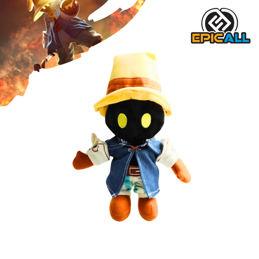 La imagen muestra un peluche de 27 cm del personaje Vivi Ornitier de Final Fantasy, con su característico sombrero puntiagudo y vestimenta de mago negro.