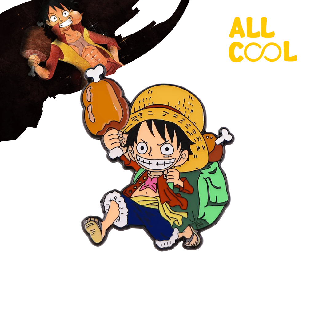 Pin metálico con el diseño de Luffy, personaje del anime One Piece, con un trozo de carne en la mano. El pin es multicolor y tiene un acabado brillante.