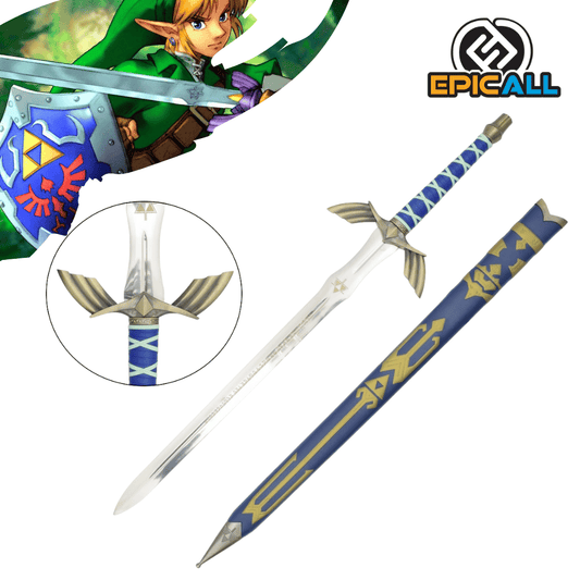 Una réplica de acero sin filo de la Espada Maestra de The Legend of Zelda. La espada tiene una hoja plateada con grabados, una empuñadura azul con detalles dorados y una guarda dorada con alas estilizadas. También se muestra una vaina azul y dorada. En la esquina superior izquierda, se ve una ilustración de Link sosteniendo la Espada Maestra y el Escudo Hyliano.